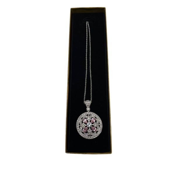 Sterling Silver Necklace Round Pendant Brilliant Diamond Pink Gem Embellished - Picture 2 of 12